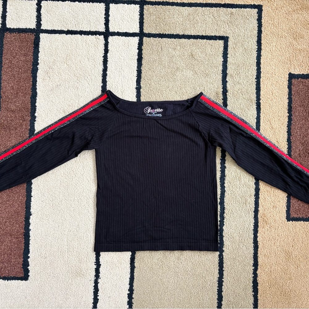 Black Fitted Bodysuit with Red Accents